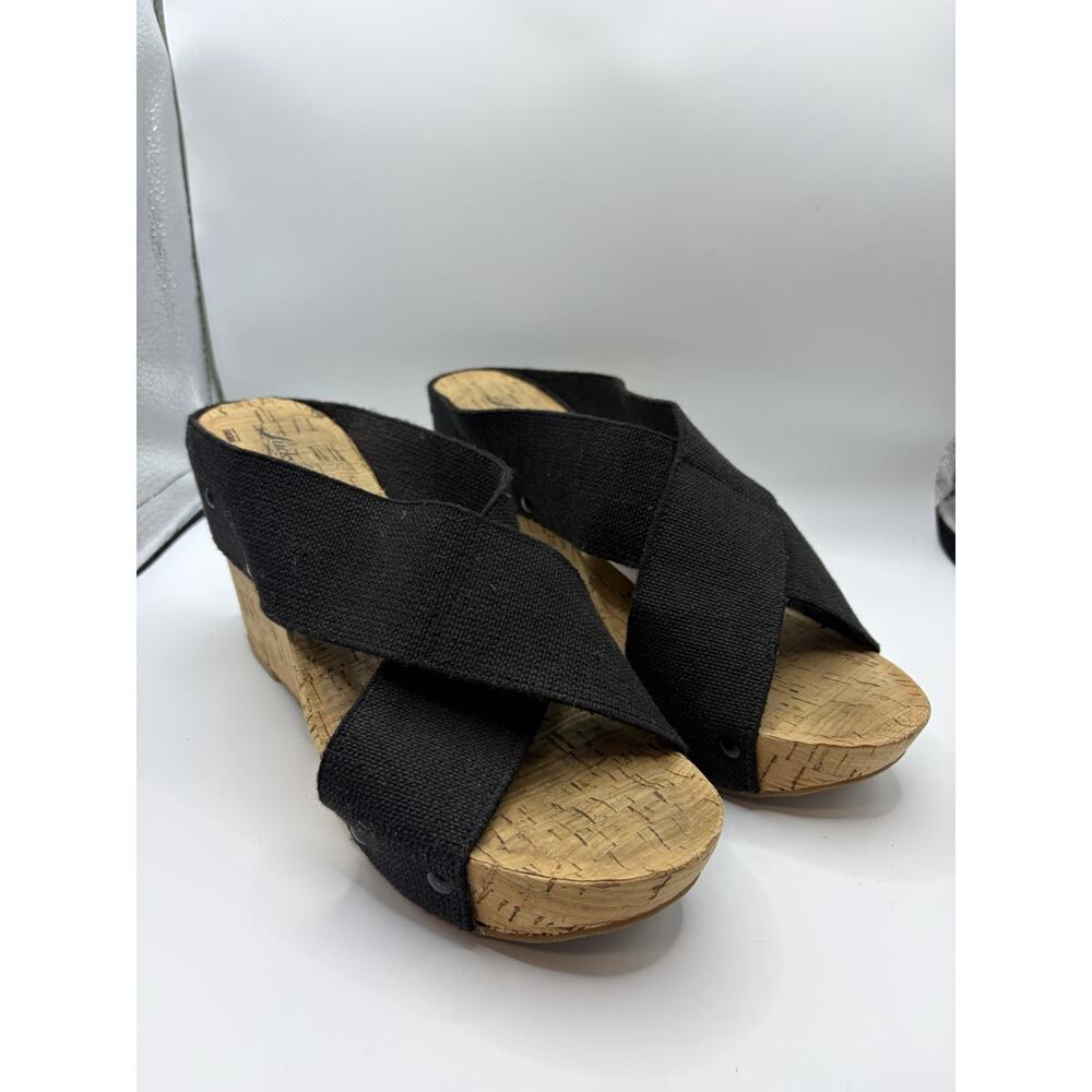 Lucky Brand Cork Wedge Sandals Womens 9 Black Canvas Criss Cross Slide Shoes - Picture 2 of 11